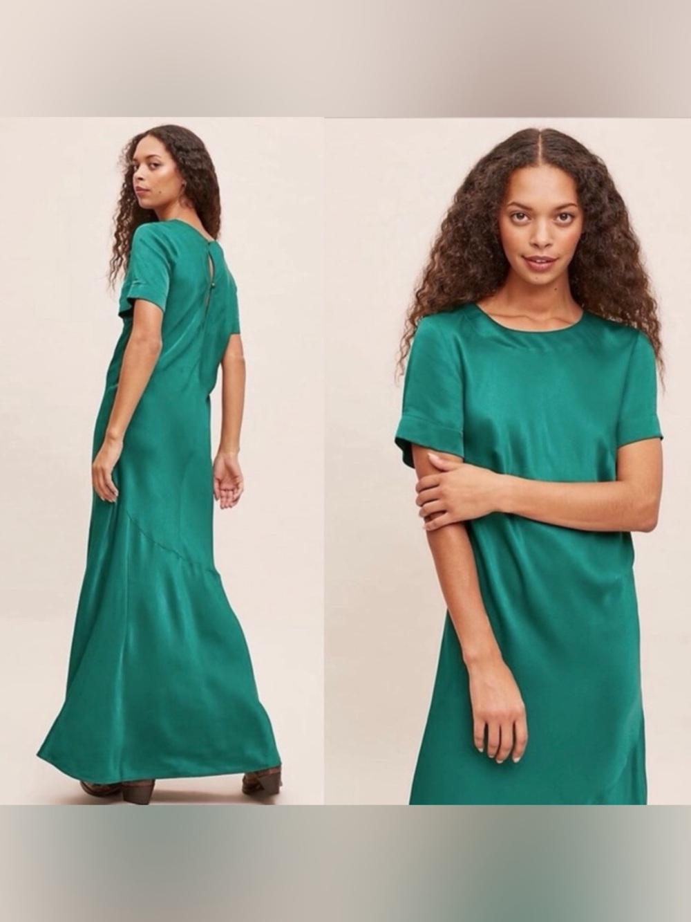 NWT Anthropologie Brynne Satin Maxi Tee Dress Green size MP